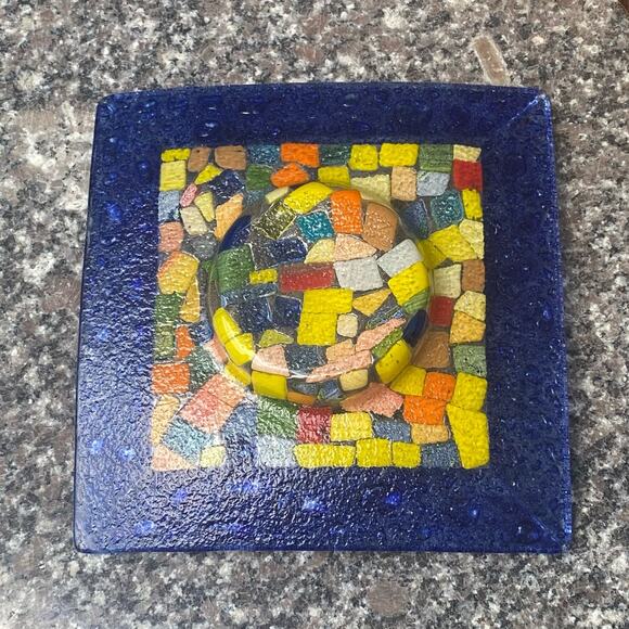 Square Fused Bubble Glass Cobalt Blue Multicolored Dish Tray 8” Art Glass Plate - Picture 5 of 7